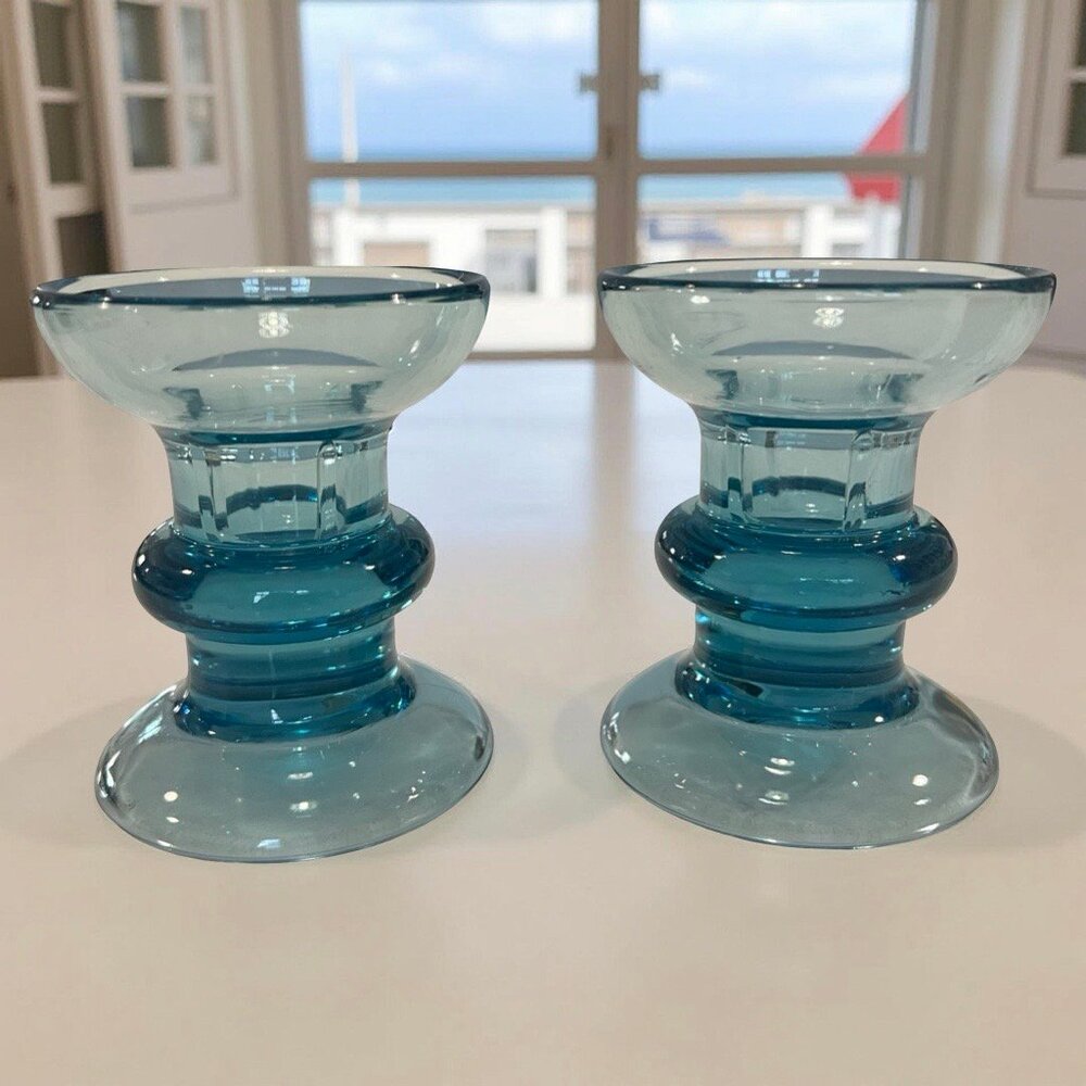 Set of Vintage Blue Boreal Pressed Glass Candle Holders by Luminarc France 1970s
